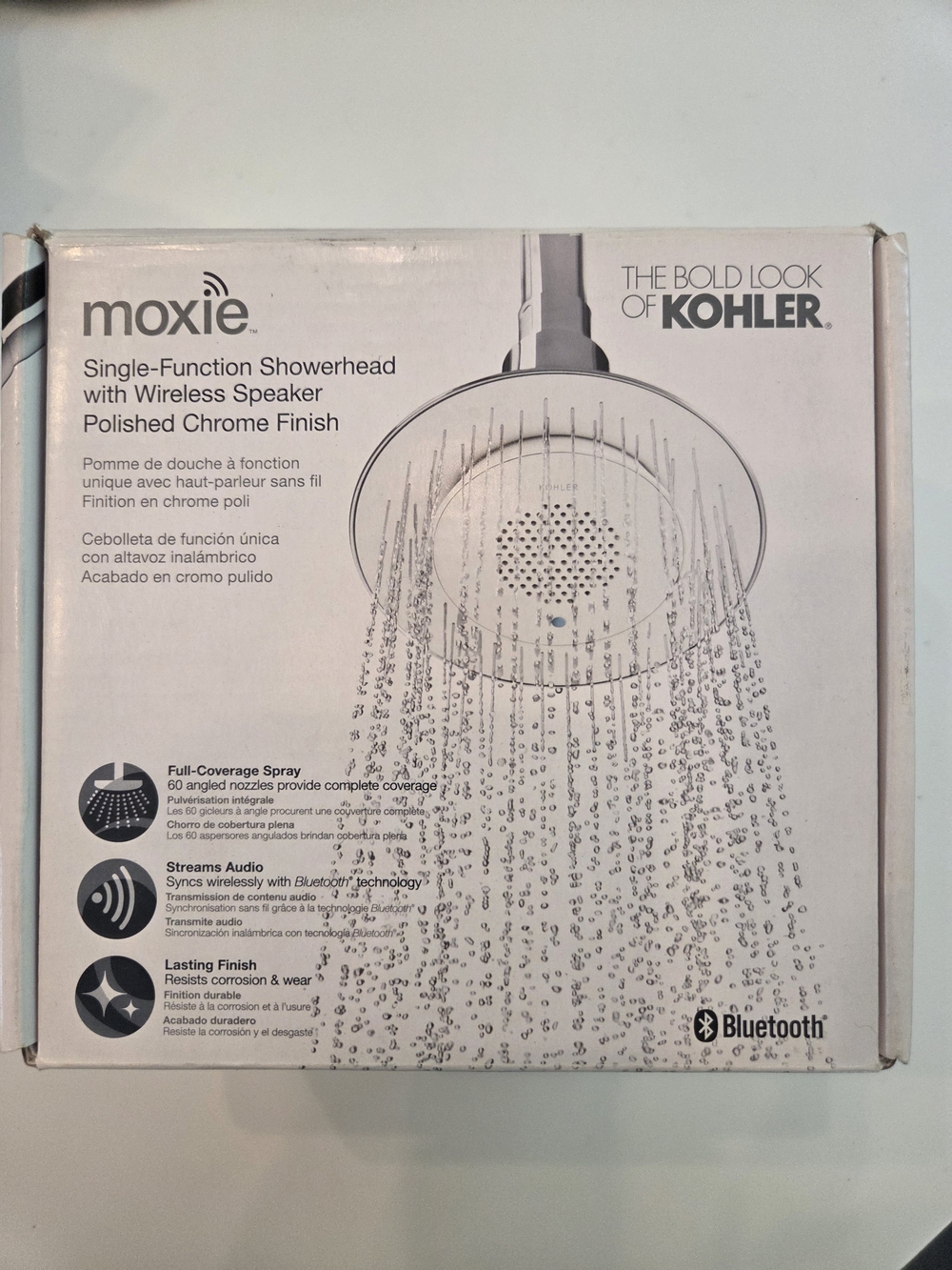 NIB Moxie Polished Chrome Single-Function Bluetooth Showerhead with Speaker